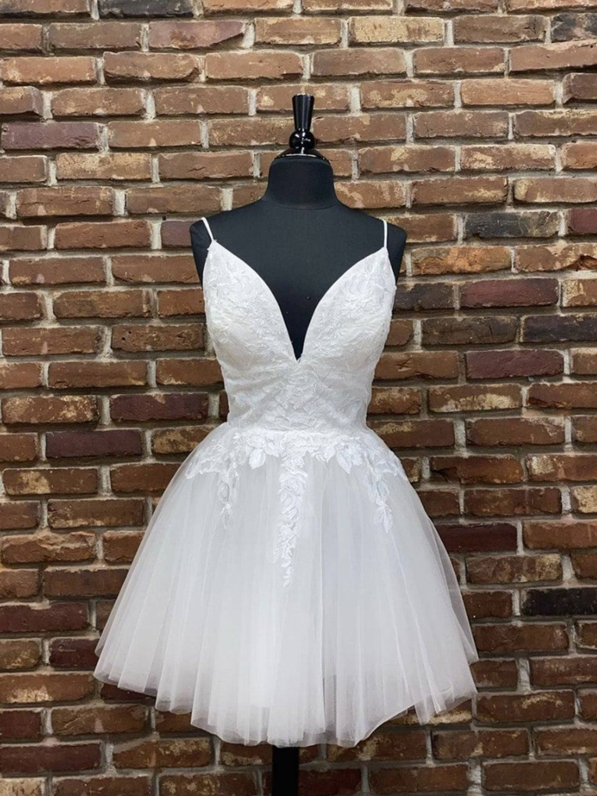 White v neck tulle lace short prom dress, white homecoming dress - RongMoon