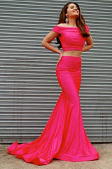 Simple pink two pieces satin mermaid long prom dress pink formal dress - RongMoon