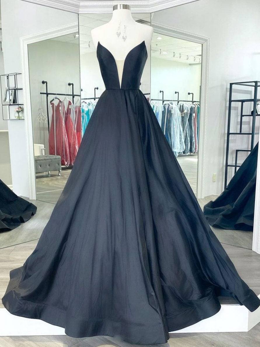 Simple black satin long prom dress, black evening dress - RongMoon