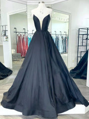 Simple black satin long prom dress, black evening dress - RongMoon