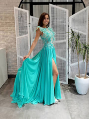 Green round neck chiffon lace long prom dress, lace evening dress - RongMoon
