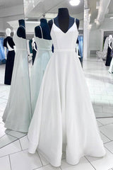 White v neck satin long prom dress white evening dress - RongMoon