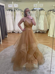 Gold v neck tulle sequin long prom dress gold evening dress - RongMoon