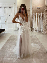 White v neck tulle lace long prom dress, white lace evening dress - RongMoon
