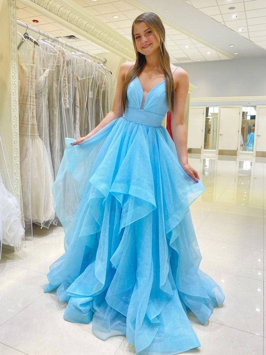 Simple blue v neck tulle long prom dress, blue tulle formal dress - RongMoon