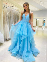 Simple blue v neck tulle long prom dress, blue tulle formal dress - RongMoon