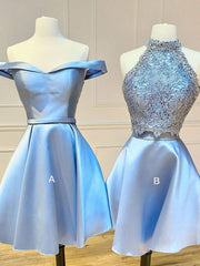 Blue lace satin short prom dress, blue homecoming dress - RongMoon