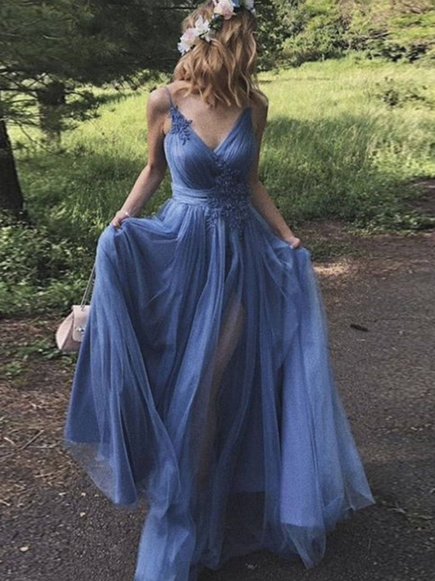 Simple v neck blue tulle long prom dress, blue tulle formal dress - RongMoon