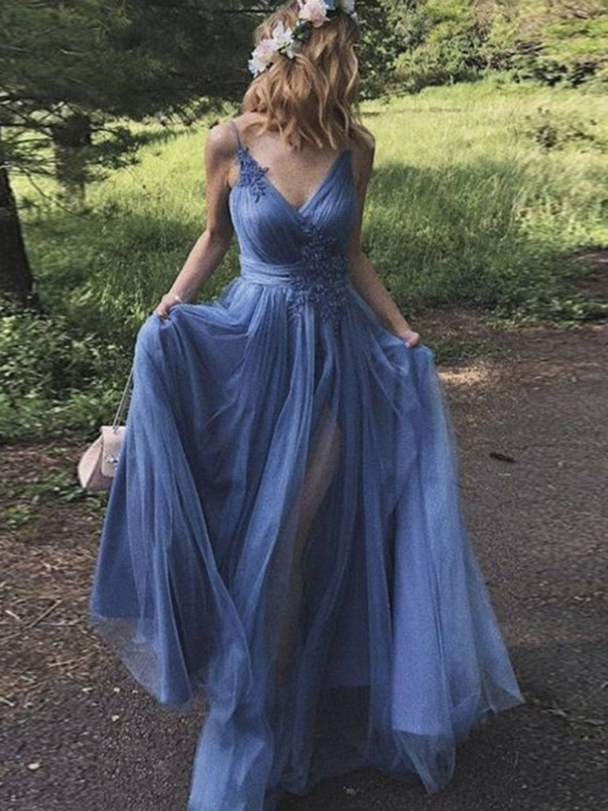 Simple v neck blue tulle long prom dress, blue tulle formal dress - RongMoon