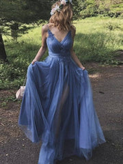Simple v neck blue tulle long prom dress, blue tulle formal dress - RongMoon