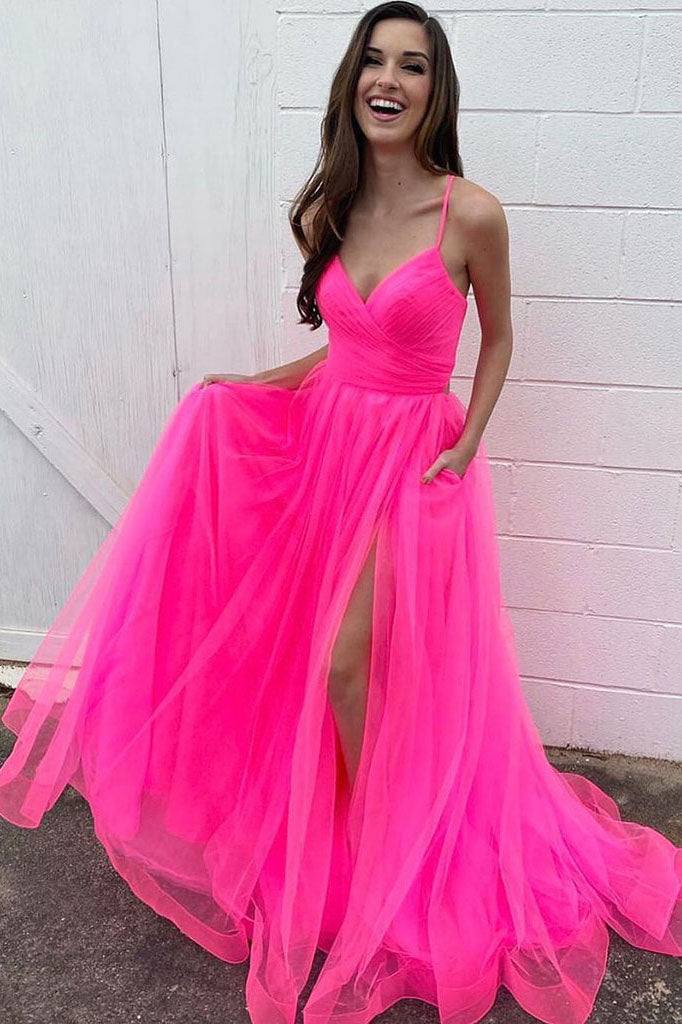 Simple v neck pink tulle long prom dress pink formal dress - RongMoon