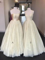 Champagne A-line tulle long prom dress champagne evening dress - RongMoon