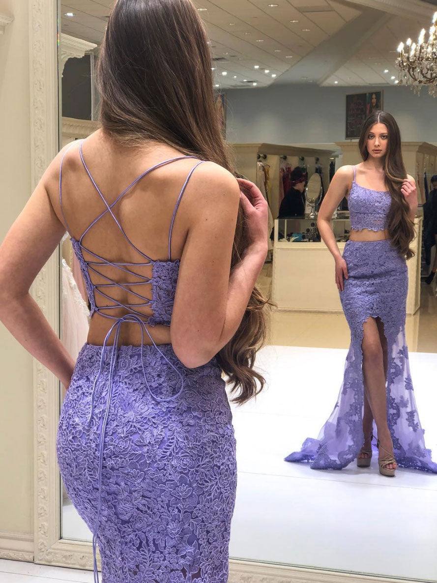Purple two pieces lace long prom dress, purple lace evening dress - RongMoon