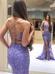 Purple two pieces lace long prom dress, purple lace evening dress - RongMoon