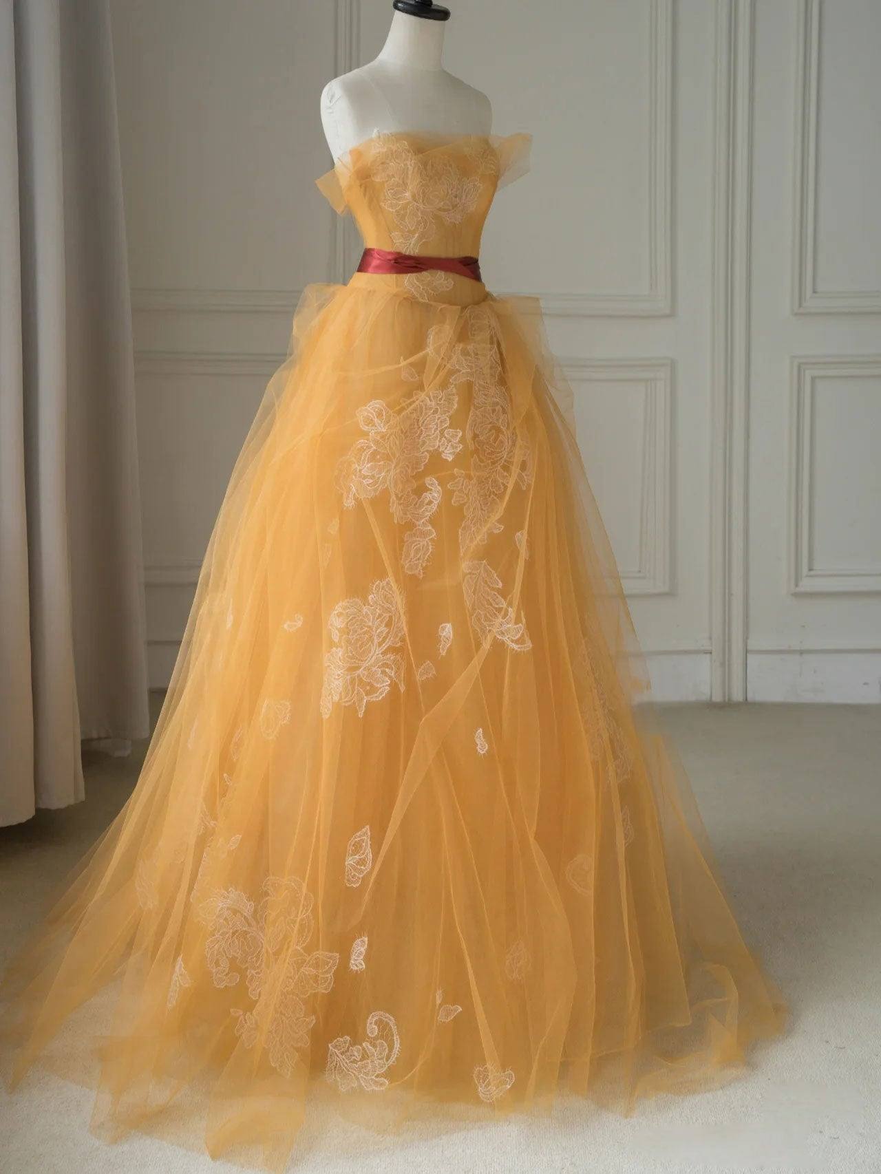 Yellow tulle lace long prom dress, yellow tulle formal dress - RongMoon