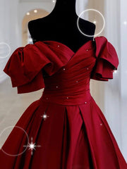 Burgundy off shoulder satin long prom dress, burgundy evening dress - RongMoon