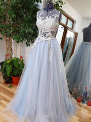 Blue round neck tulle lace long prom dress, blue tulle lace evening dress - RongMoon
