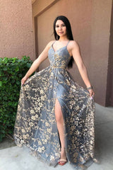 Gray v neck lace long prom dress gray blue evening dress - RongMoon
