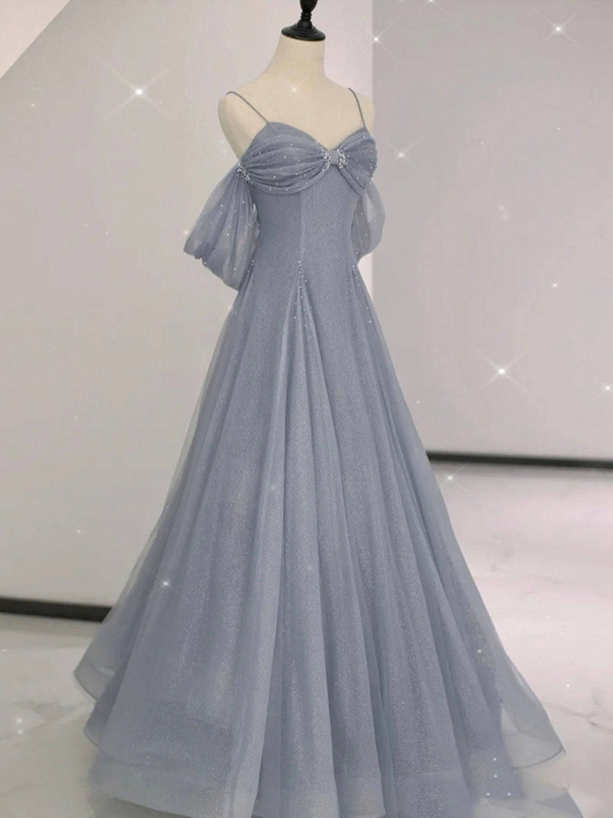 Gray A line tulle off shoulder prom dress, gray long evening dress - RongMoon