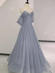 Gray A line tulle off shoulder prom dress, gray long evening dress - RongMoon