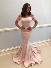 Pink lace satin mermaid long prom dress pink evening dress - RongMoon