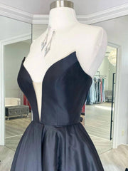 Simple black satin long prom dress, black evening dress - RongMoon