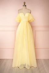 Yellow tulle off shoulder long prom dress yellow formal dress - RongMoon