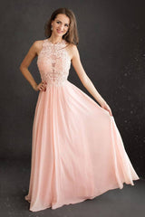 Pink round neck chiffon long prom dress lace pink evening dress - RongMoon