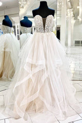 Light champagne tulle lace long prom dress tulle formal dress - RongMoon