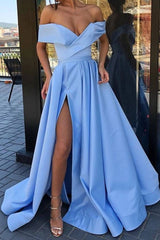 Simple blue off shoulder long prom dress blue bridesmaid dress - RongMoon