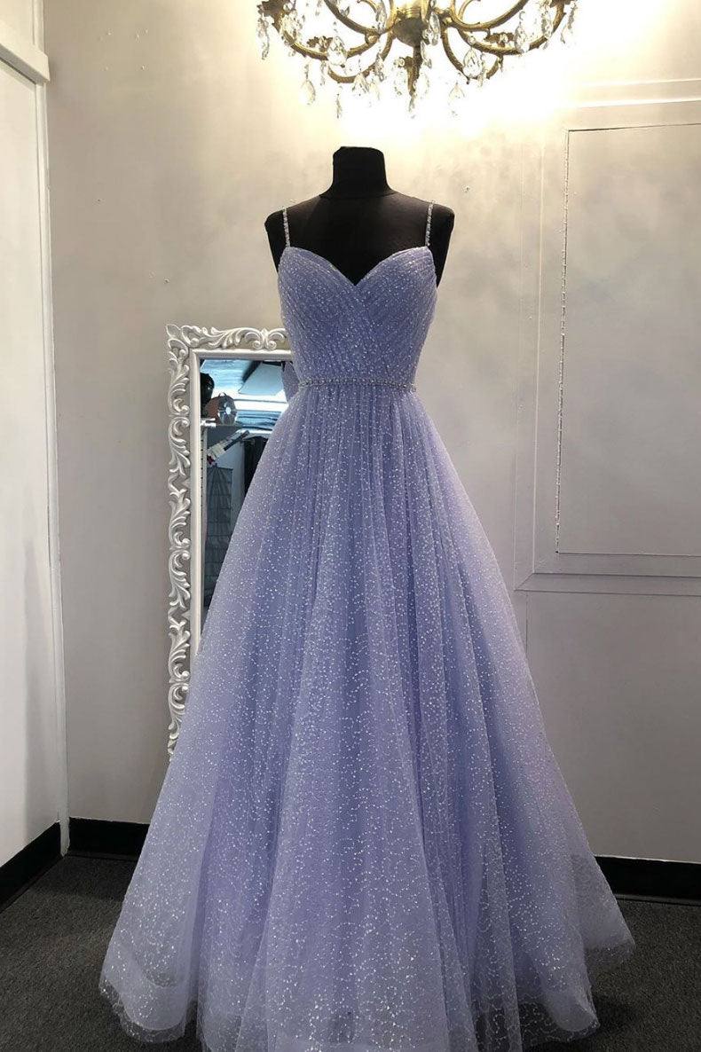Blue sweetheart tulle sequin long prom dress blue formal dress - RongMoon