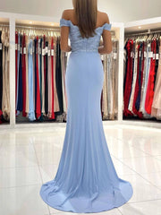 Blue chiffon lace mermaid long prom dress, blue lace evening dress - RongMoon