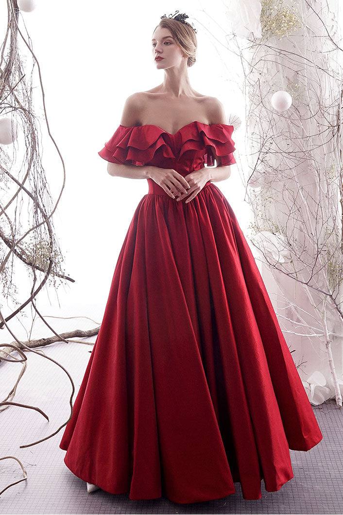 Simple red sweetheart satin long prom dress red bridesmaid dress - RongMoon