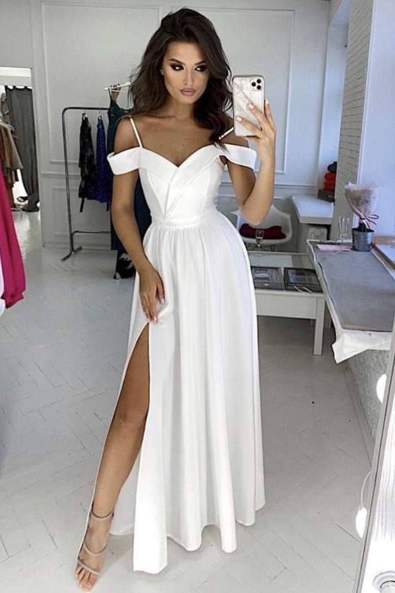 Simple white off shoulder satin long prom dress white evening dress - RongMoon