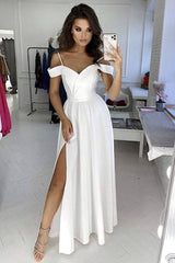 Simple white off shoulder satin long prom dress white evening dress - RongMoon