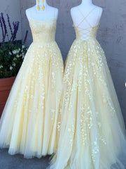 Yellow tulle lace long prom dress, yellow tulle lace formal dress - RongMoon