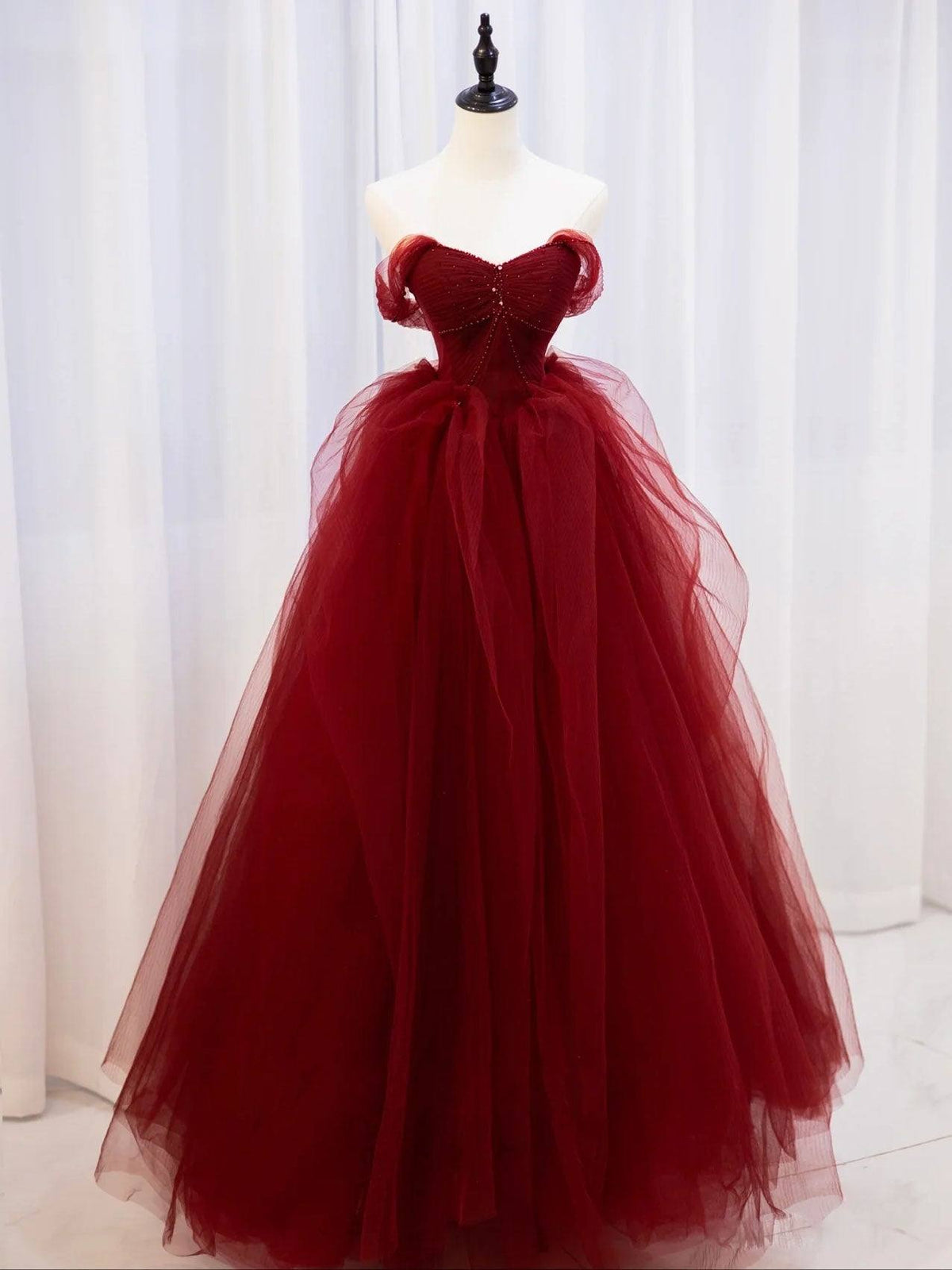 Burgundy off shoulder tulle lace long prom dress burgundy formal dress - RongMoon