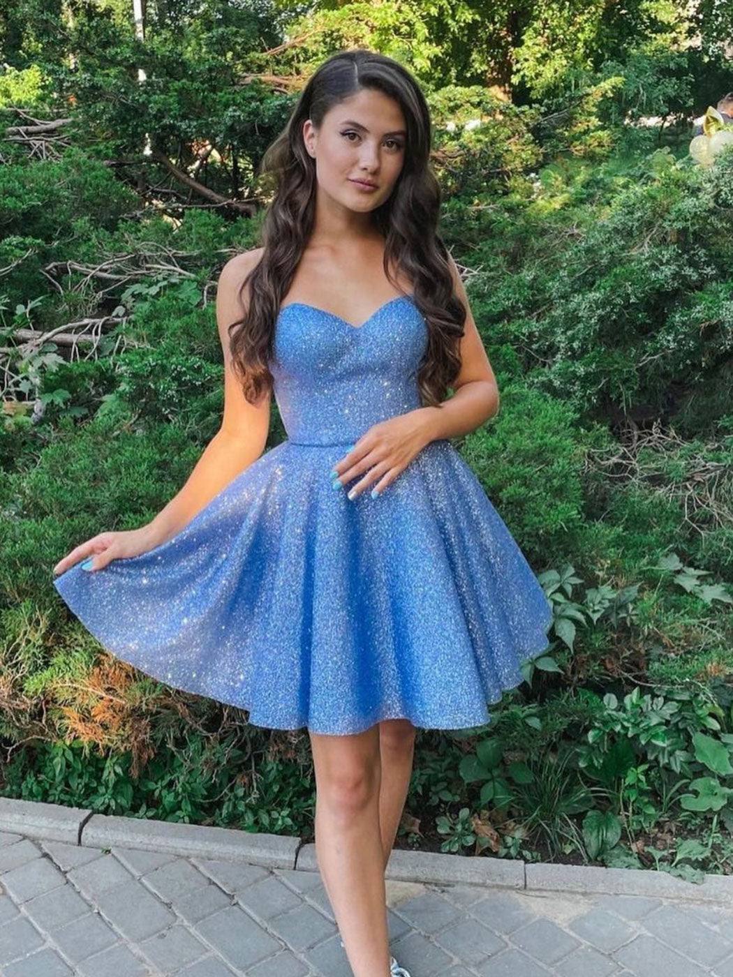 Blue sweetheart neck tulle short prom dress, blue homecoming dress - RongMoon