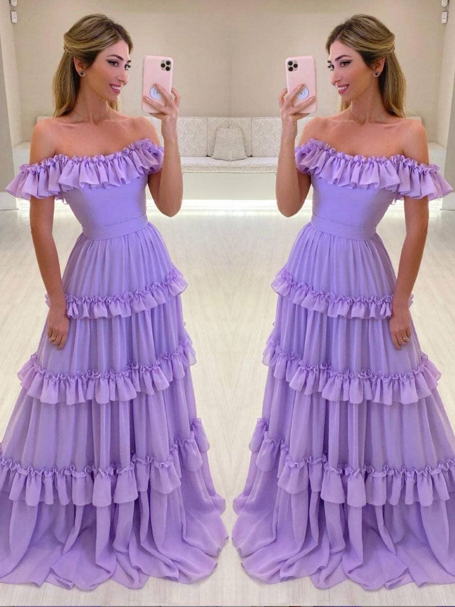 Purple chiffon long prom dress, purple evening dress - RongMoon