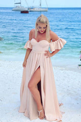 Simple long pink prom dress, pink bridesmaid dress - RongMoon