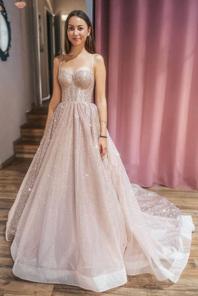 Champagne sweetheart tulle sequin long prom dress tulle formal dress - RongMoon