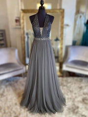Gray v neck tulle beads long prom dress, gray tulle formal dress - RongMoon