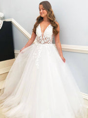 White v neck tulle lace long prom dress, white lace evening dress - RongMoon