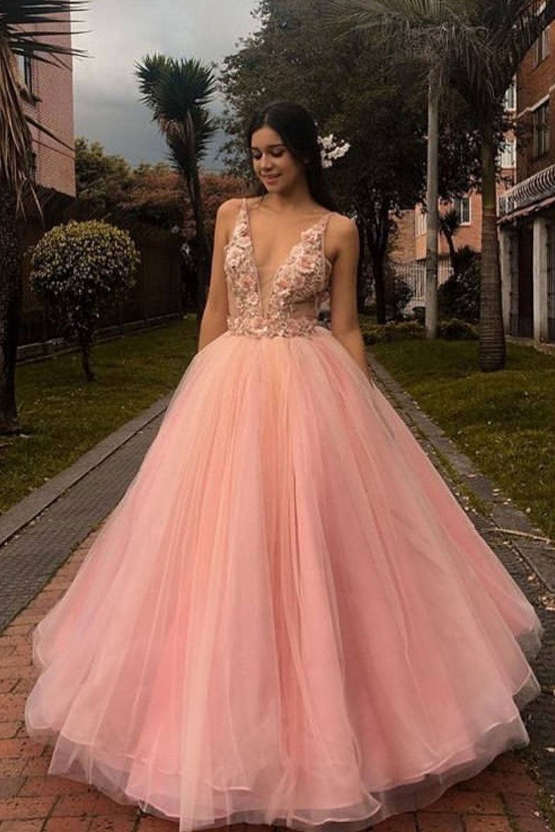 Pink v neck tulle lace applique long prom dress pink formal dress - RongMoon