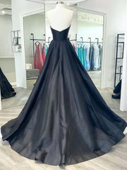 Simple black satin long prom dress, black evening dress - RongMoon