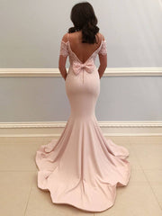 Pink lace satin mermaid long prom dress pink evening dress - RongMoon