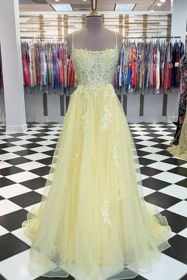 Yellow tulle lace long prom dress yellow lace formal dress - RongMoon