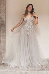 Gray v neck tulle lace long prom dress gray lace formal dress - RongMoon