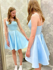 Blue  satin beads short prom dress, blue homecoming dress - RongMoon