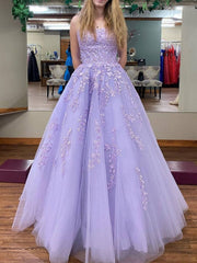 Purple tulle lace long prom dress, purple lace evening dress - RongMoon